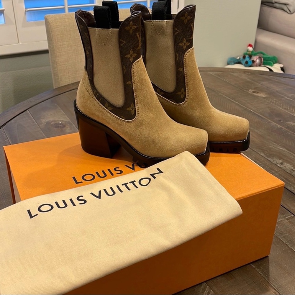 Louis Vuitton Suede Monogram Ankle Boots | Chunky Heel
